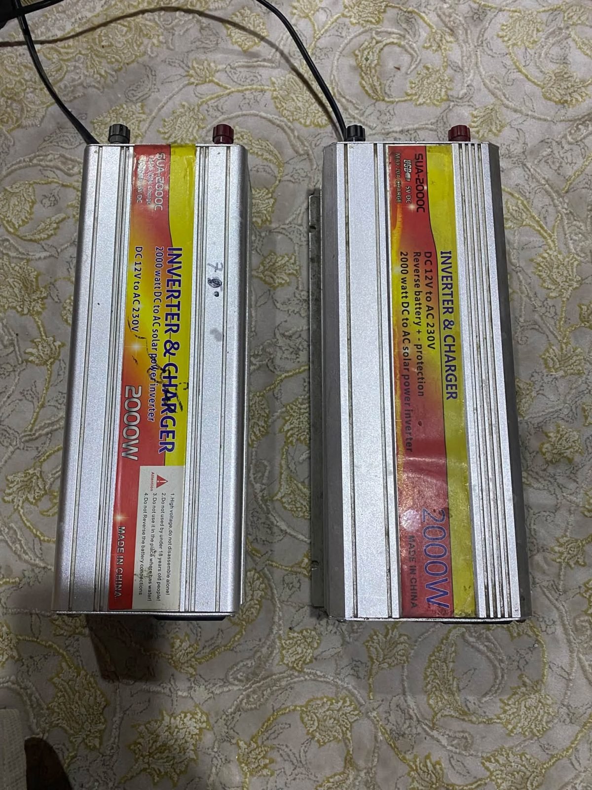 Selling two inverters and a 2 kW charger for solar bottles.